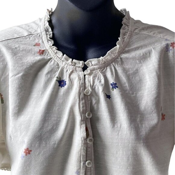 Floral Bell Short Sleeve Trim 1/2 Button Up Ivory Top Ruffle Neck Women’s L - Picture 3 of 10